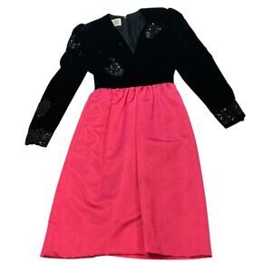 William Pearson Retro 80s Black Velvet Like Pink V-Neck Sequin Dress Size 4 Prom